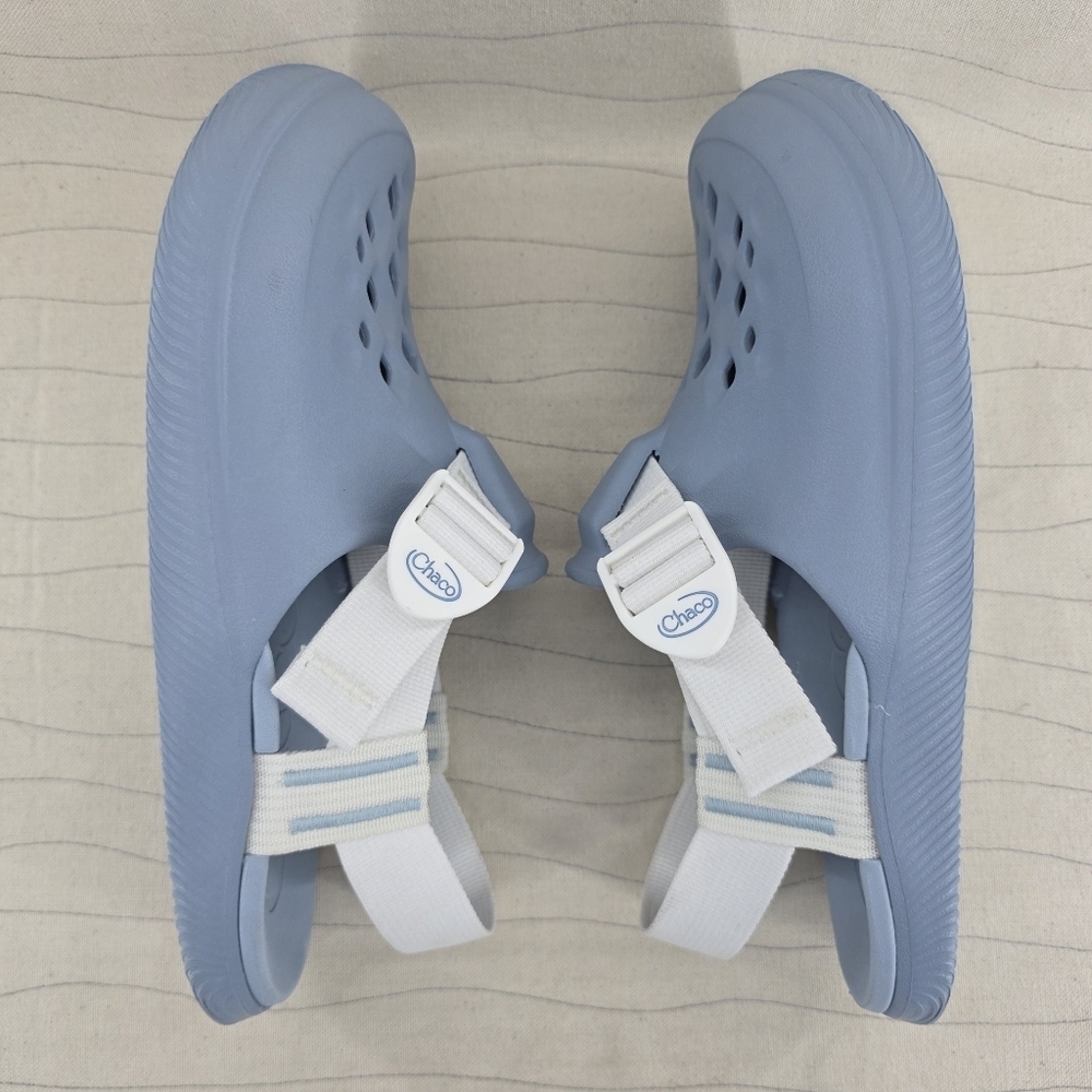 Chaco Womens Chillos Adjustable Stap Blue & White Rubber Clogs Size 8 EUC - Picture 8 of 10